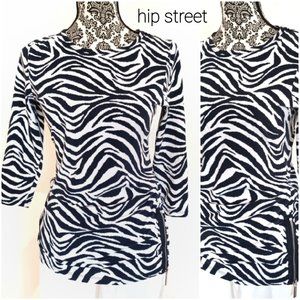 MICHAEL KORS Zebra Print Stretch 3/4 Sleeve Zippered Jersey Blouse Top S